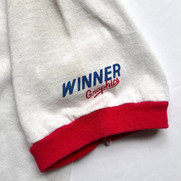 True Vintage 80s Jerzees Dam Covered Bridge Run Motorcycle Race Ringer T Shirt M - Picture 6 of 11